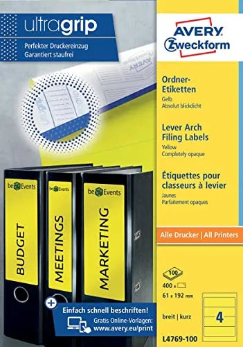 Zweckform Rückenschilder L4769-100, gelb, 61 x 192mm - Akten-Etiketten, 400 selbstklebende Rückenschilder mit dauerhafter Klebkraft, ideal für eine individuelle Beschriftung von Ordnern.