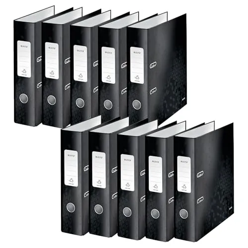 Leitz Qualitäts-Ordner 180° 10er Pack, Schwarz - Ordner für bis zu 600 Blatt, 80 mm Rückenbreite, perfekt für Büro und Zuhause. Mit patentierter 180°-Mechanik für 50% mehr Öffnung und 20% schnelleres Abheften. Hochwertiges Design aus stabiler, laminierter Graupappe.