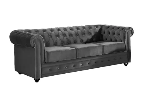 Vente-unique Sofa 3-Sitzer - Samt - Anthrazit - Chesterfield - Sofa & Couch im edlen Chesterfield-Design, aus weichem Samt mit abnehmbaren Sitzkissen für einfachen Komfort. Ideal für stilvolle Wohnzimmer.