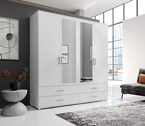 möbelando Kleiderschrank Ivar in Weiß mit 4 Schubladen und 4 Türen - Kleiderschrank mit modernem Design und viel Stauraum, ideal für eine ordentliche und stilvolle Aufbewahrung Ihrer Kleidung.