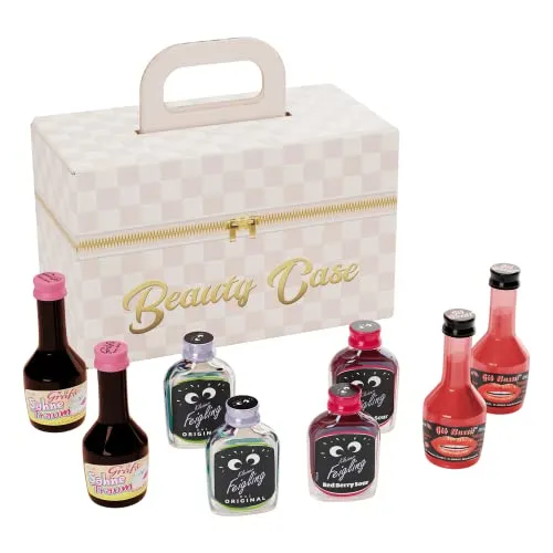 Alkohol-Geschenk für Frauen und Männer, Geschenkidee im Beauty Case, 8 Liköre, verschiedene Geschmacksrichtungen, Koffer, Beauty-Case, Schnaps, kleiner Feigling, Gib Bussi, Sahnelikör, Red Berry