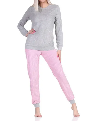 Normann Pyjama Damen Frottee Schlafanzug lang mit Bündchen und floraler Applikation