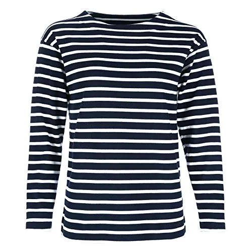 modAS Damen Shirt Bretonisches Damenshirt mit U-Boot Ausschnitt - Ringelshirt Streifenshirt Langarmshirt mit Streifen aus Baumwolle in Blau/Weiß in Größe 52
