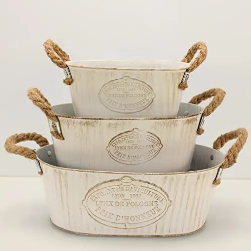 OF 3 Blumentöpfe aus Metall im Vintage Look - Blumentopf, Pflanzkasten Set - Grün, Weiß, rund oder oval (Weiß oval P54)