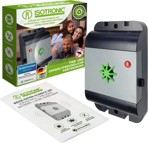 ISOTRONIC Ultraschall Mäuse- und Rattenabwehr - Effektiver Nagetierschutz ohne Chemie – vertreibt Mäuse und Ratten mit unsichtbaren Ultraschallwellen, ideal für Haus, Keller und Garten, bis zu 40 m² Wirkung!