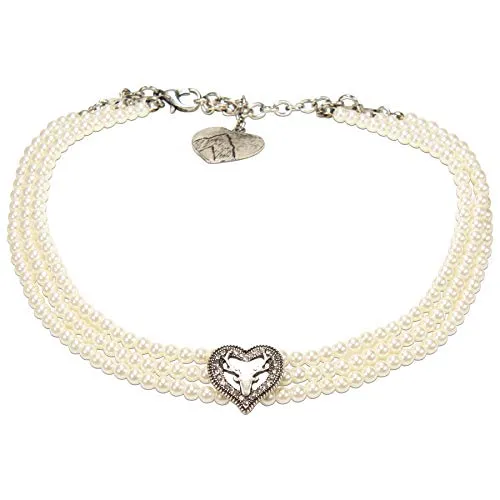 Alpenflüstern Trachten-Perlen-Kropfkette mit Strassherz Hirsch - Ketten für Damen, handgefertigte 3-reihige Trachtenkette mit elegantem Strassherz Hirsch, perfekt für jedes Trachten-Outfit und sorgt für einen nostalgischen Look.