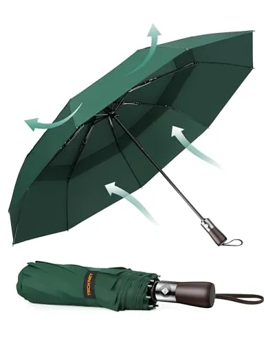 TECKNET Regenschirm, Automatik-Faltschirm, leicht und robust Taschenschirm sturmfest, leicht zu öffnen und zu schließen, hervorragende Stabilität Geeignet für regnerische und verschneite Tage -grüner