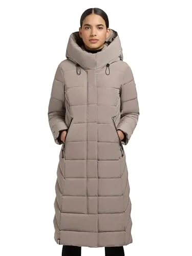 khujo Damen Langer Wintermantel warmer Steppmantel mit großem gefüttertem Kragen und Kapuze Sensy-YM Greige Gr. XL