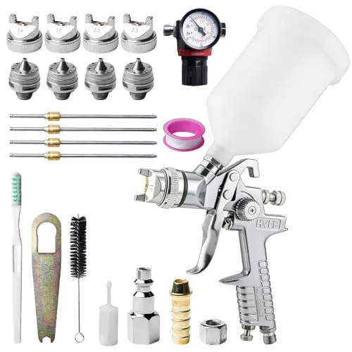 HVLP Lackierpistole Spritzpistole mit 4 Düse 1,4mm 1,7mm 2,0mm 2,5mm, Profi Farbsprühsystem Spraypistole Lackierpistole Druckluft Farbspritzpistole mit 600ml Plastikbecher & Druckmessgeräte