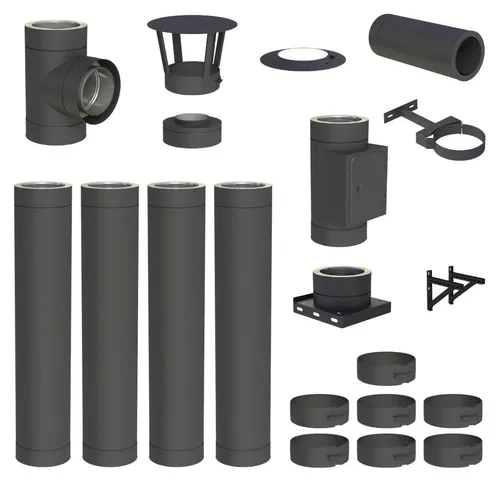 Edelstahlschornstein Komplettset 4,8 m Ø 130 mm doppelwandig DW-Black - Komplettset für sicheren Schornsteinbau: 4,8 m doppelwandiger Edelstahlschornstein mit 25 mm Dämmung, ideal für Öl-, Gas- und Holzfeuerstätten. Einfache Montage mit allen notwendigen Bauteilen.