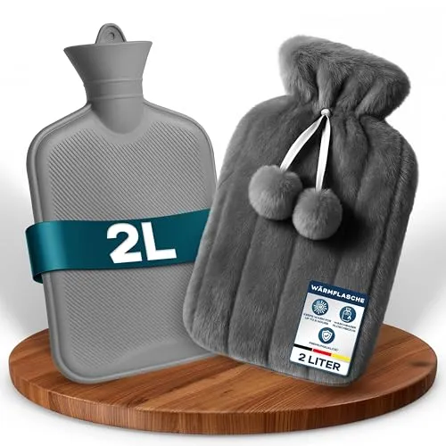 2-Liter Wärmflasche – Grau Wärmflasche mit Bezug, Plüsch-Wärmekissen für Regelbeschwerden, Nacken- und Schulterschmerzen, für Kinder, Erwachsene oder als Geschenk