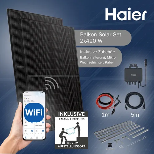 Haier Intelligentes Solar-Set für den Balkon HMK1P-800Y-NT440X2 - Solarladegeräte & Solarladegeräte-Sets, ideal für Balkone mit Mikro-Wechselrichter und WLAN für einfache Überwachung und Steuerung der Energieproduktion.