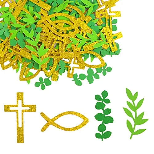 COLOFALLA 100 STK Kommunion Tischdeko Taufe Konfirmation Deko Streudeko Konfetti Fische Kreuz Eukalyptus Gold Grün Glitzer Firmung Erstkommunion Deko für Junge Mädchen