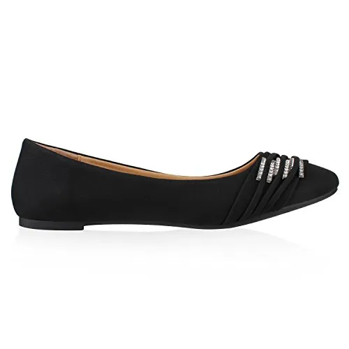 stiefelparadies Klassische Damen Strass Ballerinas Elegante Slipper Übergrößen Metallic Glitzer Flats Schuhe 116545 Schwarz 36 Flandell