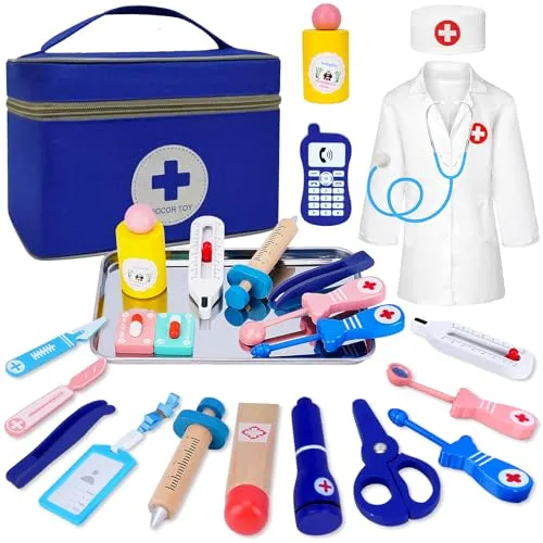 Esriptoyz Arztkoffer Kinder ab 3 Jahre, Holzspielzeug Doktorkoffer Mit Echtem Stethoskop, Role Play Arztkittel Spielzeug 3 Jahre mit Thermometer Tragbarem Beutel, Geschenk für Kinder ab 3 4 5 Jahren