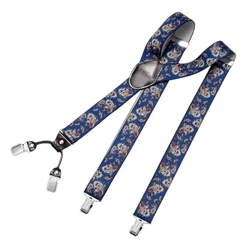 DonDon Hosenträger Herren extra stark Paisley blau 3,5 cm Hosenträger Herren breit mit brauem Leder in Y-Form lang - Starke Clips passend für Anzug Jeans Chinos Vintage Rockabilly Suspenders