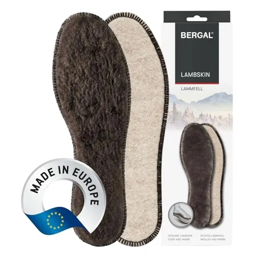 BERGAL LAMBSKIN 1 Paar Premium Lammfell-Sohlen aus extra dickem, echtem Fell, ultra wärmende Winter-Einlagen mit Kork-Isolierschicht, warme Thermosohle, natürliche Schaffell Schuheinlagen, Gr. 39