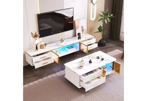 OKWISH Wohnwand Couchtisch, (Schubladen mit Wellenstruktur, goldene Griffe und Beine, 2-St., Tür aus gehärtetem Glas,Rahmen aus Aluminiumlegierung), Enthält einen Couchtisch und einen Fernsehschrank.
