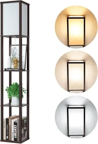 Omdekor LED Stehlampe aus Holz, Braun Stehleuchte mit Regal, Standleuchte Holzablage mit 3 Farbtemperaturen, Retro Beleuchtung mit Fassung für Wohnzimmer Büro Schlafzimmer Flur Ecke (Kein Korb)