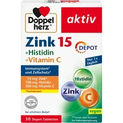 Doppelherz Zink 15mg + Histidin Depot 30 ST - Nahrungsergänzungsmittel mit 15mg Zink und 100mg L-Histidin pro Tablette, vegan und glutenfrei, unterstützt das Immunsystem und den Zellschutz.