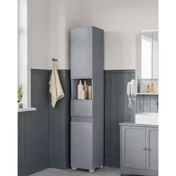 VASAGLE Badezimmerschrank 30 x 30 x 170 cm in mystischem Grau - Stylischer Kommoden-Badezimmerschrank aus MDF, ideal für kleine Räume. Mit Kippschutz für Sicherheit und optimaler Stauraum bei 10 kg pro Ablage.
