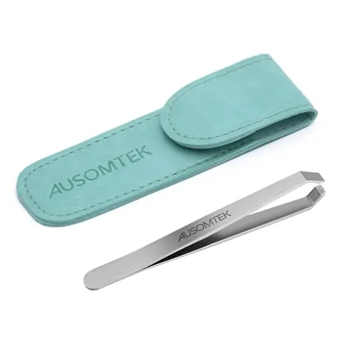 AUSOMTEK Bartpinzette, weiße Haarzupfpinzette, Edelstahl, feine Haarentfernungspinzette, Augenbrauenformwerkzeug, 5 mm Spitze, Cyan-PU-Etui, 1 Packung
