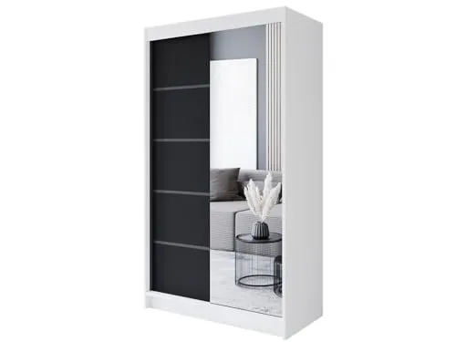 Easy4You P3 Schiebetüren Kleiderschrank 120 cm - Kleiderschrank mit Spiegel, 5 geräumige Einlegeböden und platzsparendem Design, ideal für Schlafzimmer und vielseitige Aufbewahrung.