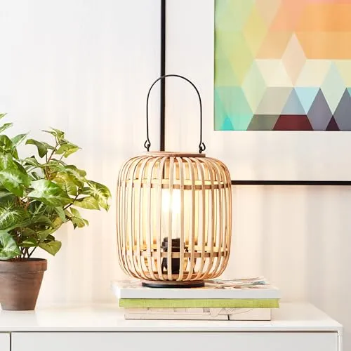 Lightbox dekorative Tischlampe - Tischleuchte im Nature-Style mit Tragegriff & Schalter - Leuchte in Holz Optik für E27 Leuchtmittel - Hellbraun Höhe 27cm