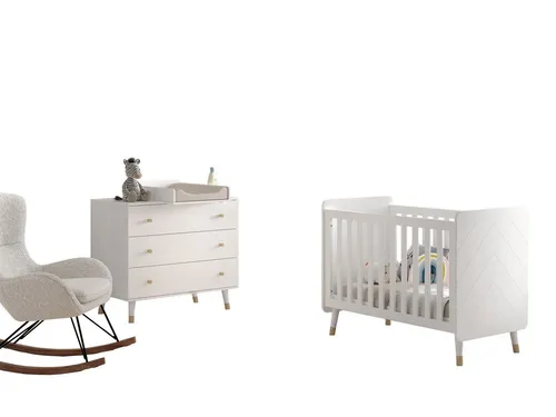 aufm Kessel Babymöbel-Set Kamillah 3-teilig - Komplettes Babyzimmer Set aus hochwertigem MDF in Satin Weiß. Retro-Optik mit diagonalen Rillenprofilen und goldfarbigen Details. Inkl. Babybett, Kommode und Wickelaufsatz für eine stilvolle Einrichtung.
