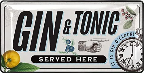 LANOLU Blechschilder retro Bar Deko - Bar Schild GIN TONIC SERVED HERE - Metallschilder vintage als Alkohol Accessoires, 17x34cm