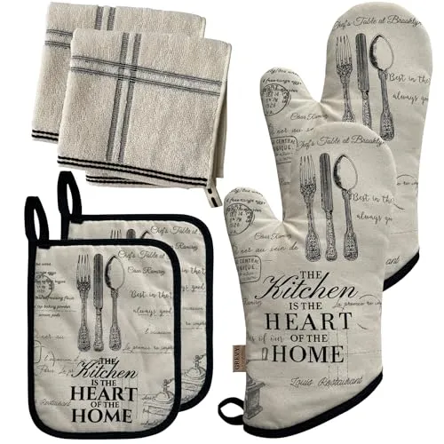 ZORR Ofenhandschuhe Set mit 2 Geschirrhandtücher, Hitzebeständige Backhandschuhe Topfhandschuhe für Kochen Backen, Vintage Stil