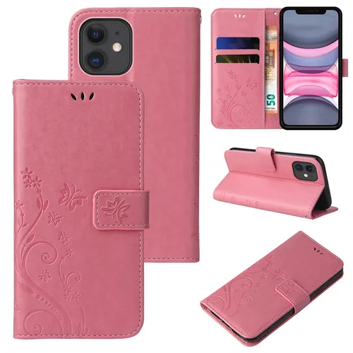 Handy Tasche für Apple iPhone 11 Handyhülle Blumen Buch Klapp Cover Case Rosa