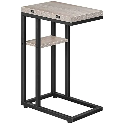 HOOBRO C-Form Beistelltisch, Klappbarer Sofatisch, Couchtisch, Kaffeetisch Snacktisch mit Lagerregal, Schmaler Nachttisch für Wohnzimmer, Schlafzimmer, Metallrahmen, ​Greige und Schwarz EBG29SF01