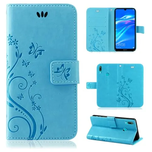 betterfon Hülle Kompatibel mit Huawei Y7 (2019) | Premium PU Leder Handyhülle Wallet Case für Y7 (2019) | Schutzhülle Blumen Klapphülle Handyhülle | Blau