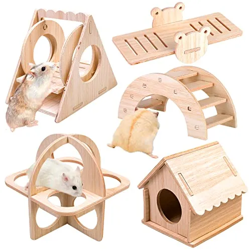 Vegena Spielzeug für Hamster aus Holz - DIY Hamster Versteck Haus Brücke Wippe Schaukel Trainingspielzeug - Zubehör für Den Käfig Rennmäuse Ratten Zwerghamster