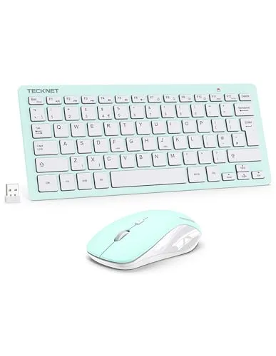 Produktbild TECKNET Kabelloses Tastatur Maus Set, Deutsch QWERTZ Layout, 2.4 GHz Funk Mini Tastatur Mouse, 15m Reichweite Verbindung, Wireless Leise Funktastatur mit Maus für PC, Laptop, Smart TV, Grün