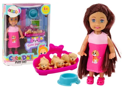 LeanToys Mini-Puppe mit langen Haaren, Kleid, drei Hunden und Hundebett