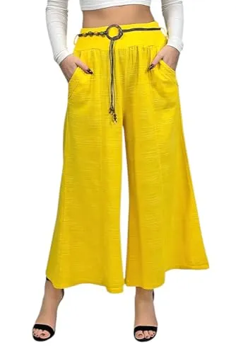 Mississhop 375 Baumwollhose 100% Baumwolle Hose Sommerhose mit schickem Gürtel Gelb