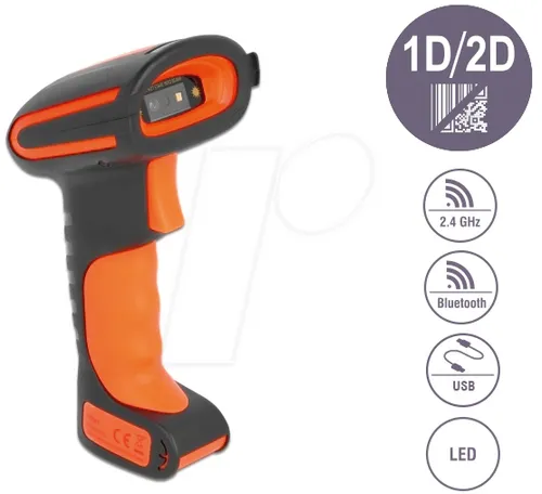 DeLOCK 90507 Industrie Barcode Scanner 1D/2D - Scanner für 1D/2D Barcodes, kabellose Verbindung über 2.4GHz Bluetooth oder USB, ideal für industrielle Anwendungen.