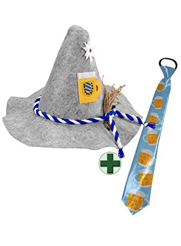 Karneval-Klamotten Oktoberfest Hut Bayern Tirolerhut Seppelhut Herren Bierglas mit Kordel INKL Krawatte Oktoberfest Bier Karneval