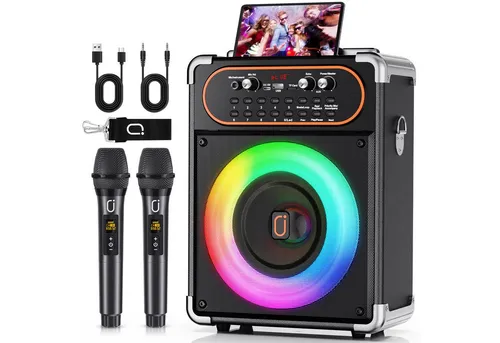 JYX Karaoke Lautsprecher mit 2 kabellosen Mikrofonen, Bluetooth Karaoke-Maschine (Disco-Licht, 12h Akku, tragbar für Party & Events)
