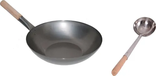 WOK SET, 33FB-K02, Wok Pfanne 33 cm Ø flacher Boden Kohlenstoffstahl + Wokkelle 02 Edelstahl 44 cm mit Holzgriff genietet, Pfanne geeignet für Gas, Induktion, Ceran und Elektro, AAF Nommel ®