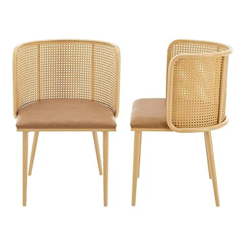 [en.casa] Esszimmerstuhl Flen 2er Set - Rattan Braun, Kunstlederpolsterung - Esszimmerstühle im 2er Set mit bequemer Kunstlederpolsterung und stabilen Metallbeinen in Holzoptik für langanhaltenden Komfort und Stil.