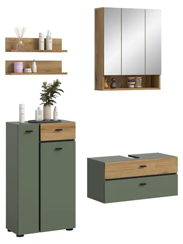 xonox.home Badkombination Aqua Sage Green Nachbildung 141x191x35 cm - Stilvolle 4-teilige Badkombination in Sage Green und Evoke Oak. Sie bietet viel Stauraum und pflegeleichte Oberflächen, ideal für eine harmonische Badgestaltung.