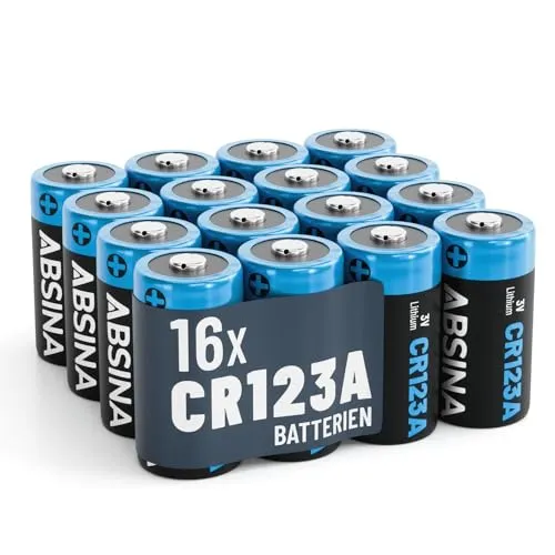 ABSINA 16x CR123A 3V Lithium Batterie - Langlebige Energie für Kamera & mehr - Kamera-Akkus mit 1300mAh, ideal für verschiedene Geräte. Auslaufsicher und temperaturbeständig von -40°C bis +60°C für maximale Zuverlässigkeit.