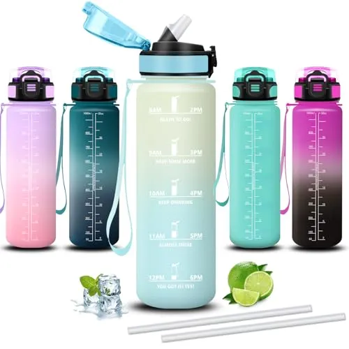 Mujigaga Trinkflasche 1l, Trinkflasche Sport, Wasserflasche mit Strohhalm, Leicht zu Reinigen, Wasserflasche Auslaufsicher, Kann mit dir Tragen, für Wandern, Yoga, Fitness, Klettern, Fahrrad