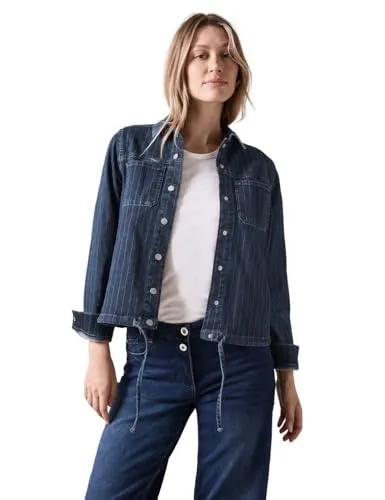 CECIL Damen B212280 Kurze Jeansjacke, Dark Blue wash, XXL - Funktionsjacke mit stylischem Nadelstreifen Hemdkragen und praktischem Tunnelzug am Saum, ideal für lässige Outfits.