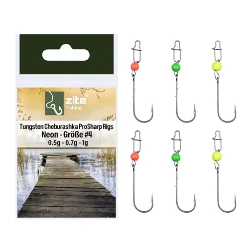 Zite Fishing Tungsten Cheburashka Pro Sharp Rigs Set | 6 STK UL Cheburaschka Forellen-Haken | Baitholder Hooks #4 - #8 mit 0,5g/0,7g/1,0g Neon UV Aktiver Tungstenperle | Ultra Light Forellenköder (#4)