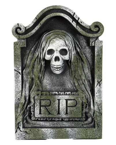 Horror-Shop Verwitterter Gothic Grabstein mit Totenschädel - Stimmungsvolles Dekoobjekt aus Polyfoam in grau/grün/schwarz, ideal für schaurige Dekorationen. Nur für den dekorativen Einsatz geeignet.