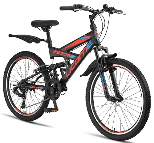 Licorne Bike Strong V Premium Mountainbike 24 Zoll - Ideal für alle Altersgruppen - Mountainbike mit 21 Gang-Schaltung und Vollfederung für optimalen Fahrkomfort. Robuster Stahlrahmen, 85 % vormontiert und mit Geld-zurück-Garantie.